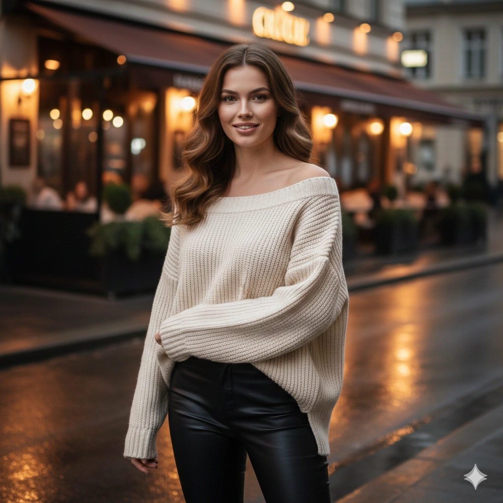 Cozy Sweater Leather Hot Girl Portrait Cinematic AI generation example for Hot Girl Portrait - PROMPT: Photorealistic portrait of a stylish woman wearing a soft oversized knit sweater and sleek l...
