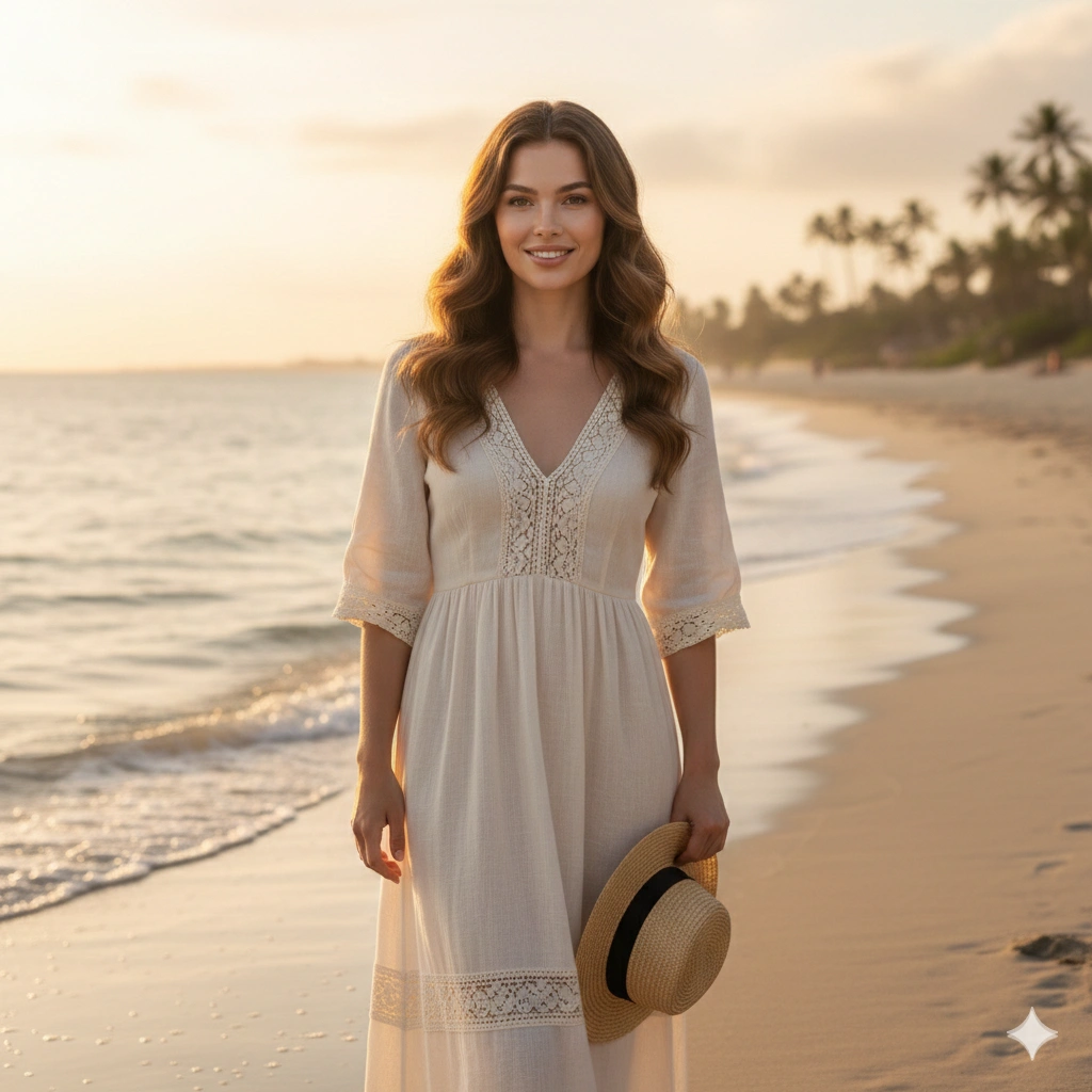 Golden Hour Beach Hot Girl Portrait Cinematic AI generation example for Hot Girl Portrait - PROMPT: Create a photorealistic portrait of a confident woman standing on a serene beach during gold...