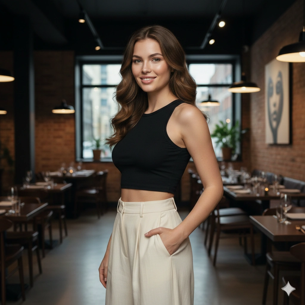 High Waisted Trousers Hot Girl Portrait Cinematic AI generation example for Hot Girl Portrait - PROMPT: Photorealistic portrait of a modern woman wearing high-waisted wide-leg trousers paired with...