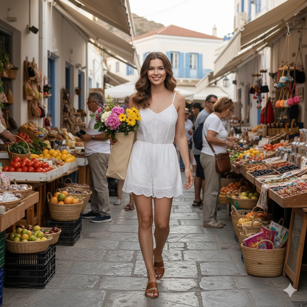 Hydra Market Summer Hot Girl Portrait Photorealistic AI generation example for Hot Girl Portrait - PROMPT: Photorealistic portrait of a fashionable woman walking through an outdoor market in Hydra we...