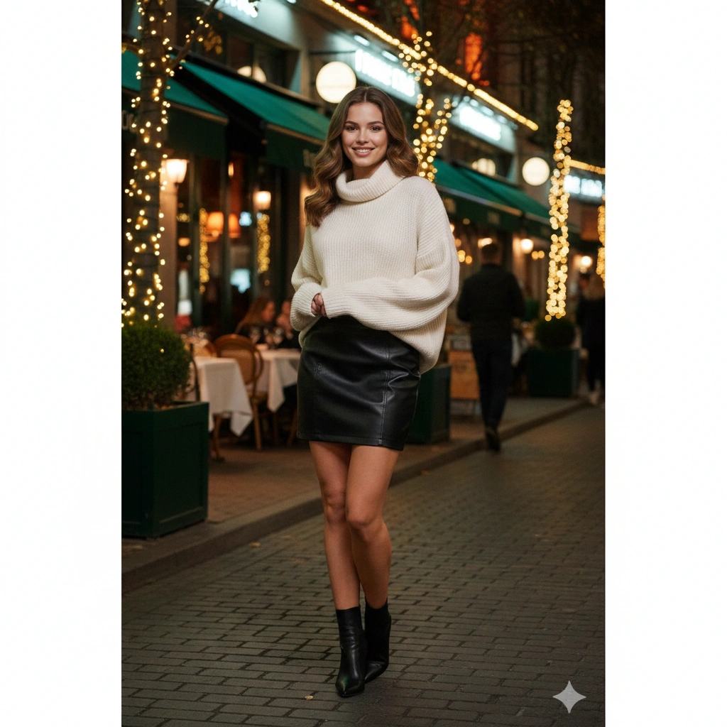 Leather Skirt Cozy Hot Girl Portrait Cinematic AI generation example for Hot Girl Portrait - PROMPT: Photorealistic portrait of a fashionable woman wearing a sleek leather skirt paired with a s...