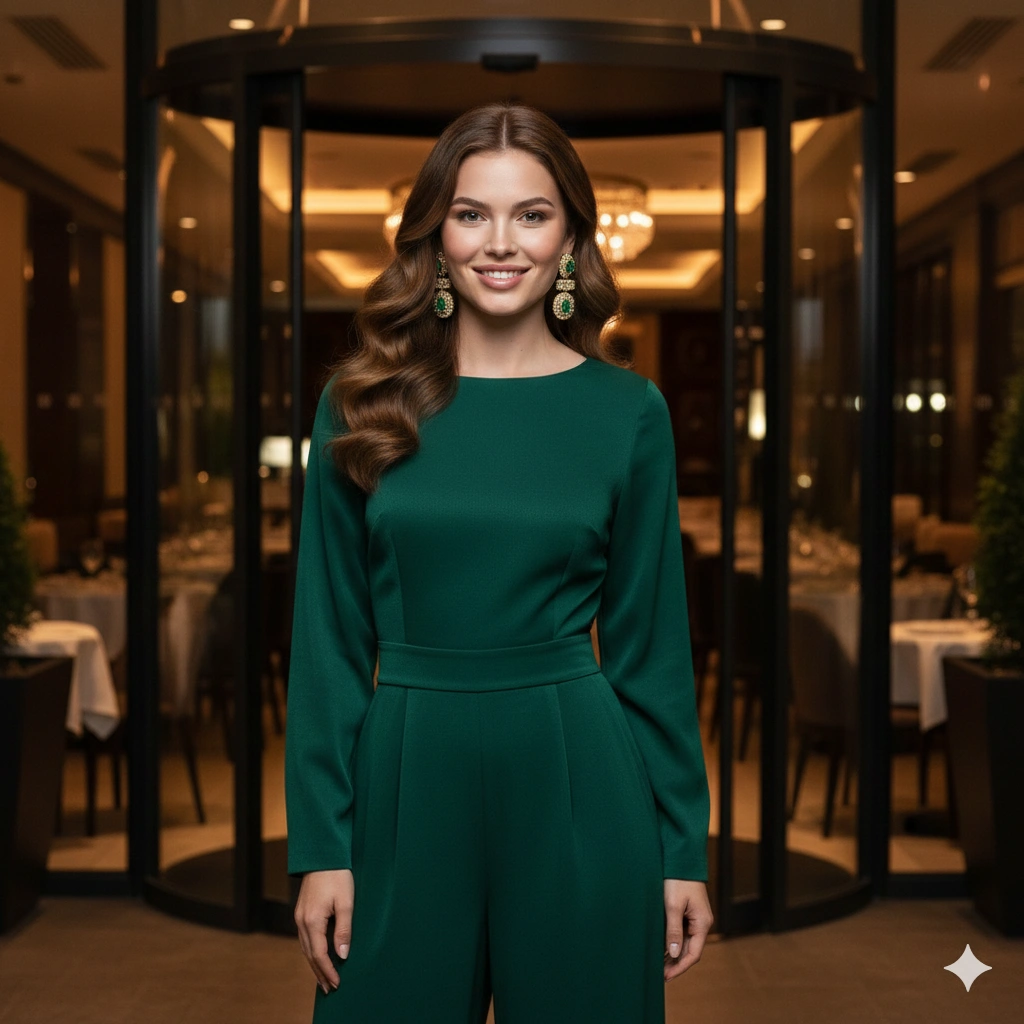 Chic Jumpsuit Statement Hot Girl Portrait Cinematic AI generation example for Hot Girl Portrait - PROMPT: Photorealistic fashion portrait of a confident woman wearing a stylish wide-leg jumpsuit pai...