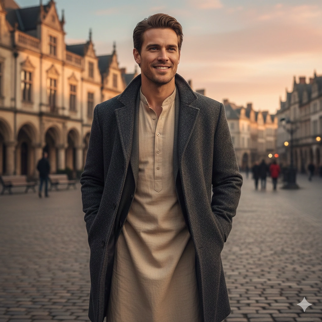 Traditional Kurta Male Portrait Kurta Portrait AI generation example for Kurta Portrait - PROMPT: Create a traditional editorial portrait of the young man from reference wearing a beige kurt...