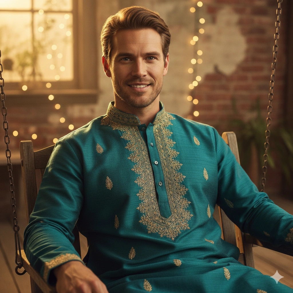 Traditional Kurta Male Portrait Cinematic 8K AI generation example for Kurta Portrait - PROMPT: Generate a cinematic portrait of the subject (reference) sitting casually on a rustic porch ...