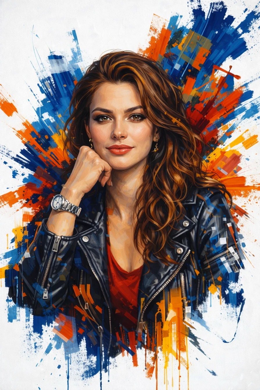 Color Splash Portrait Lifestyle 8K AI generation example for Lifestyle Portrait - A highly detailed artistic portrait of a confident young woman with long, voluminous wavy brown hair...