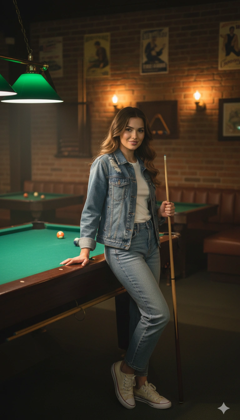 Vintage Pool Hall Lifestyle Portrait Cinematic AI generation example for Lifestyle Portrait - PROMPT: Create a portrait of the woman from the provided reference image. Do not alter any facial fe...