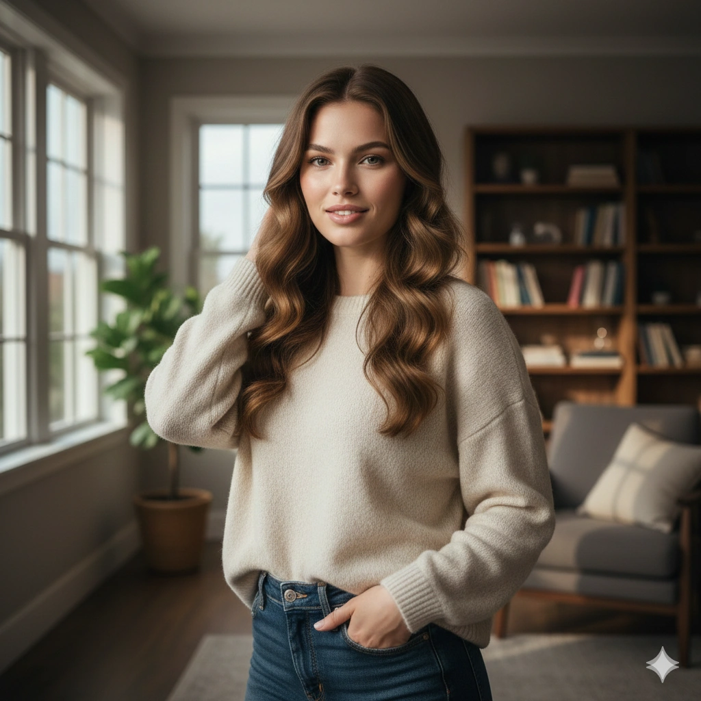 Natural Light Cinematic Lifestyle Portrait AI generation example for Lifestyle Portrait - PROMPT: Create a natural lifestyle portrait of a relaxed young woman standing in a comfortable inter...