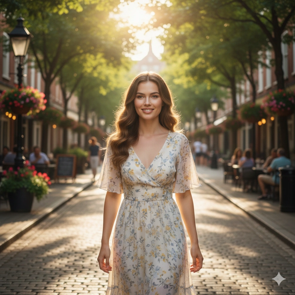 Outdoor Cinematic Female Lifestyle Portrait AI generation example for Lifestyle Portrait - PROMPT: Generate an outdoor lifestyle portrait of the young woman walking on a tree-lined street on ...