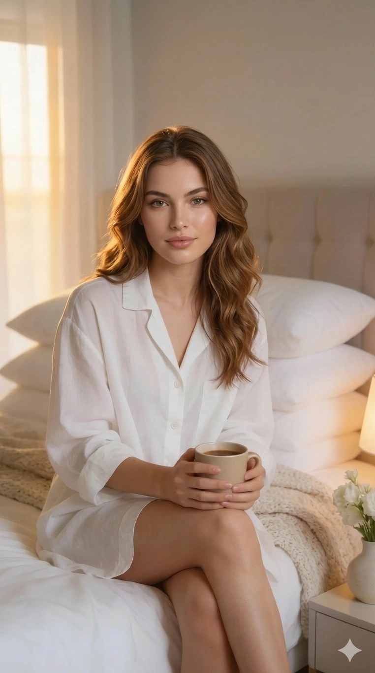 Morning Tea Bedroom Lifestyle Portrait Cinematic AI generation example for Lifestyle Portrait - Generate an image from the uploaded reference photo. Preserve 100 percent facial features, face shap...