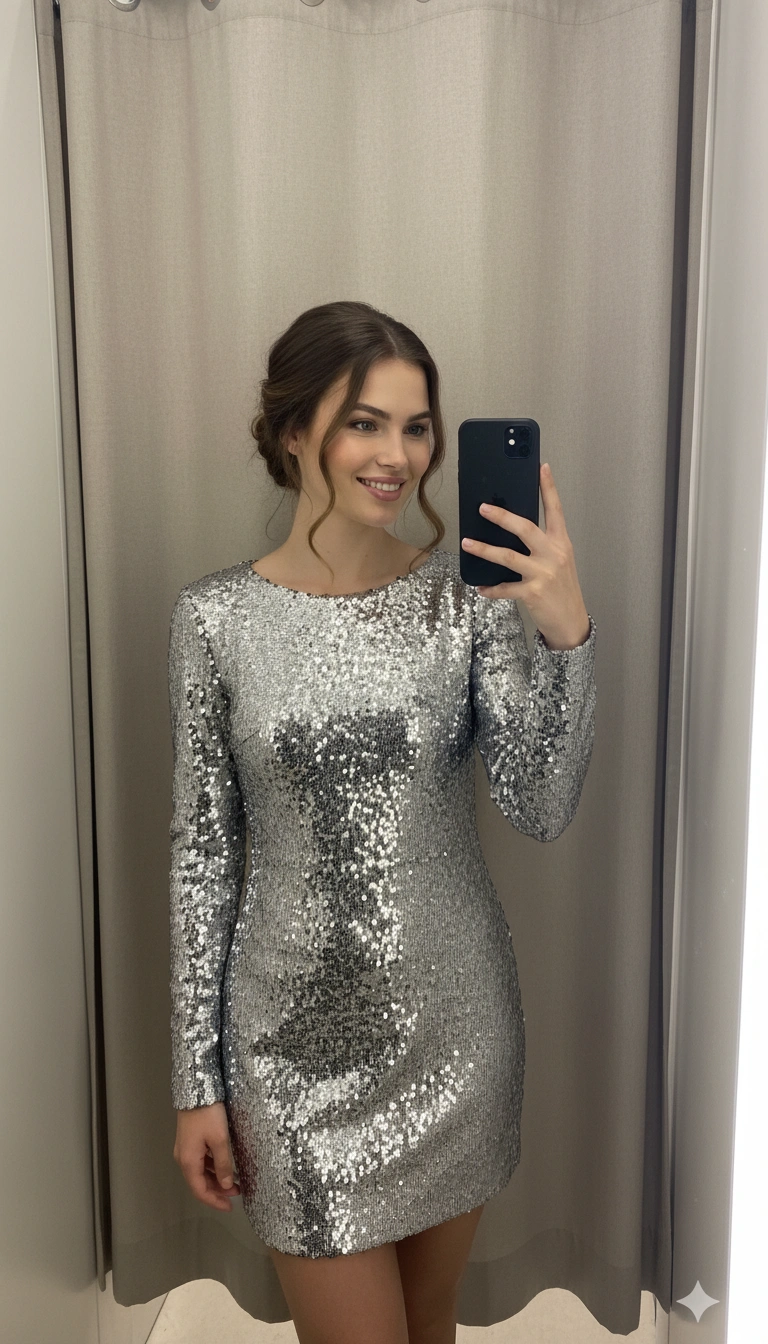 Boutique Dressing Room Lifestyle Portrait AI generation example for Lifestyle Portrait - PROMPT: Create a portrait of the woman from the provided reference image. Do not alter any facial fe...