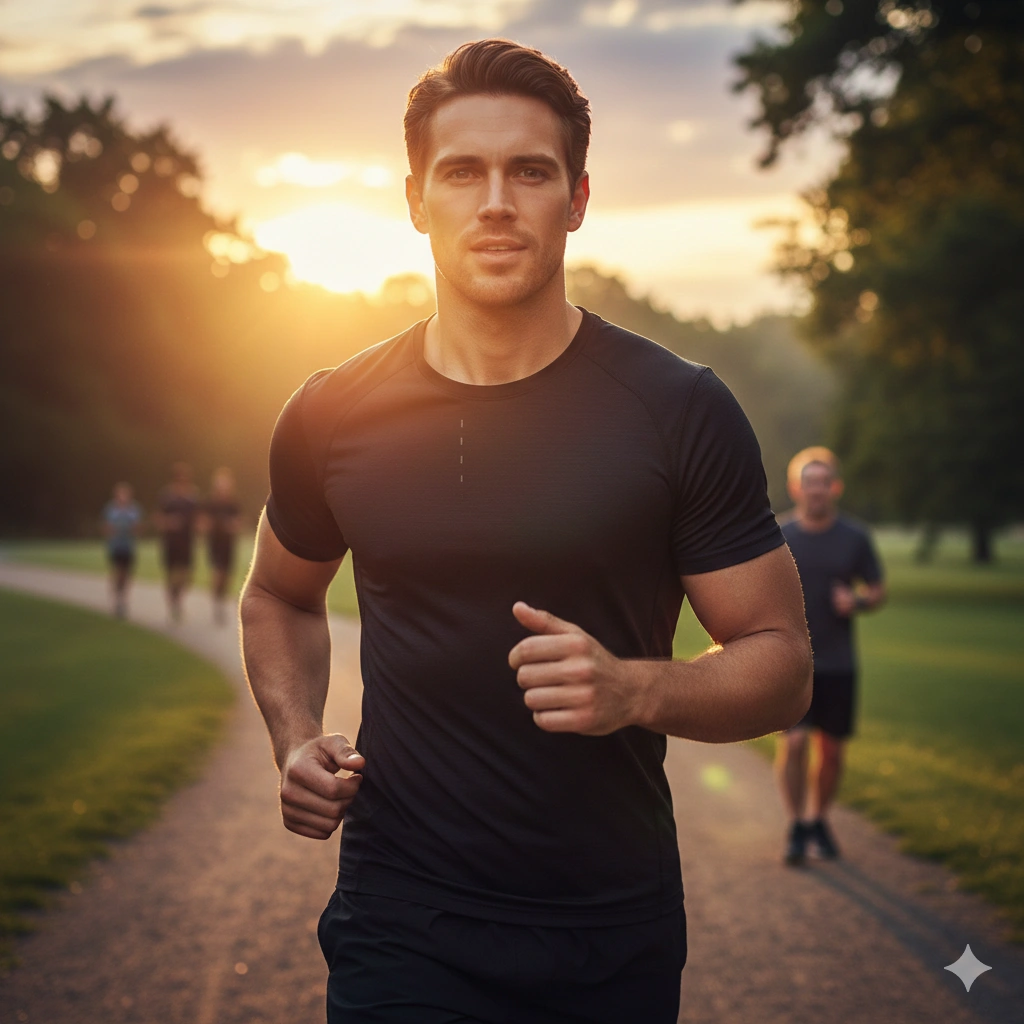 Athletic Cinematic Female Lifestyle Portrait AI generation example for Lifestyle Portrait - PROMPT: Create an athletic lifestyle portrait of the young man jogging in a park at sunrise, with wa...
