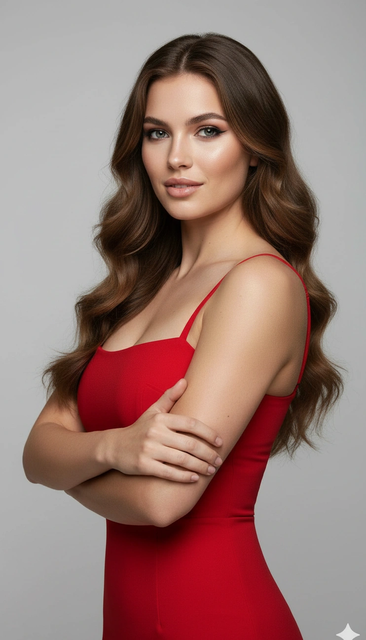 Red Dress UltraRealistic Lifestyle Portrait AI generation example for Lifestyle Portrait - **SUBJECT DESCRIPTION:** The subject is a person with long, dark hair styled in soft waves that casc...
