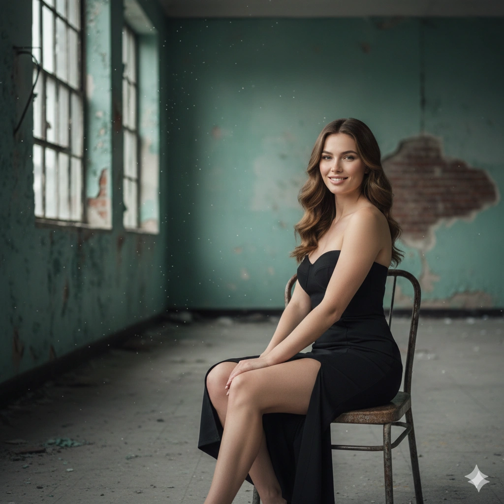 Low Light Moody Portrait Cinematic AI generation example for Moody Portrait - PROMPT: Create a moody urban portrait of a confident young woman seated on a vintage metal chair in ...