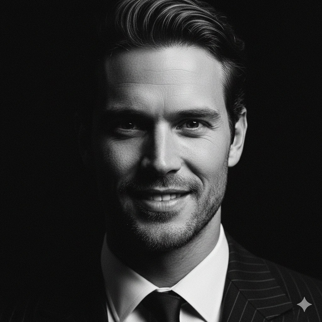 Film noir portrait Moody AI generation example for Moody Portrait - PROMPT: Produce an intense black-and-white film noir portrait of the subject. He looks directly at t...