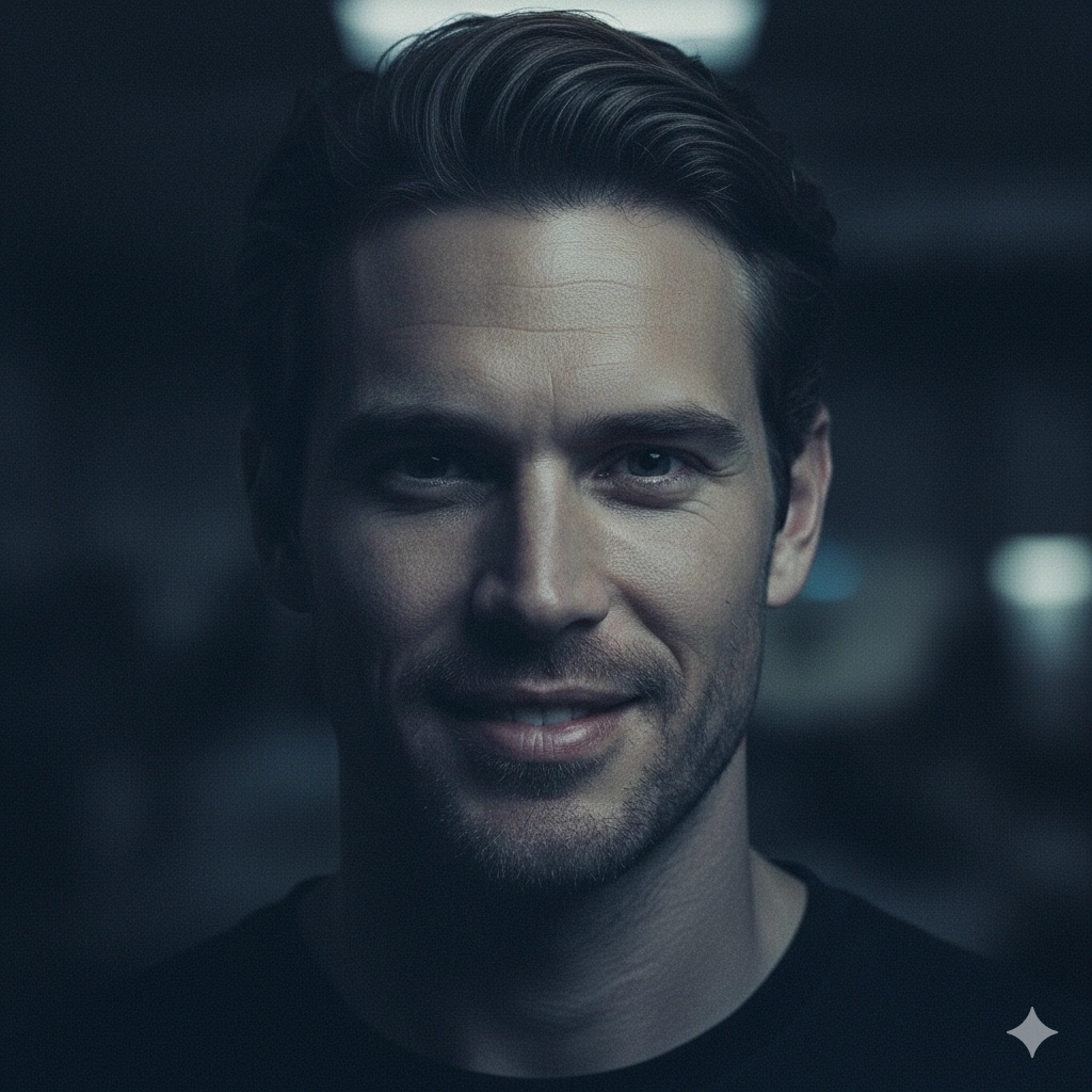 Dark ambient portrait Moody 8K AI generation example for Moody Portrait - PROMPT: Create a moody portrait of the subject (reference) in an indoor dim-lit environment. Soft li...