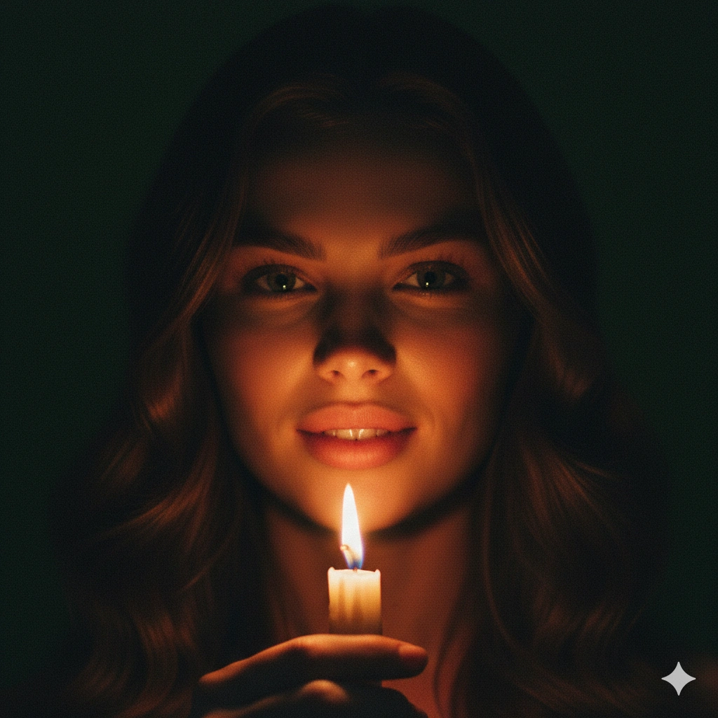 Candlelit Portrait Cinematic Moody AI generation example for Moody Portrait - PROMPT: Create a low-light dramatic portrait of the young woman from the reference image illuminated...