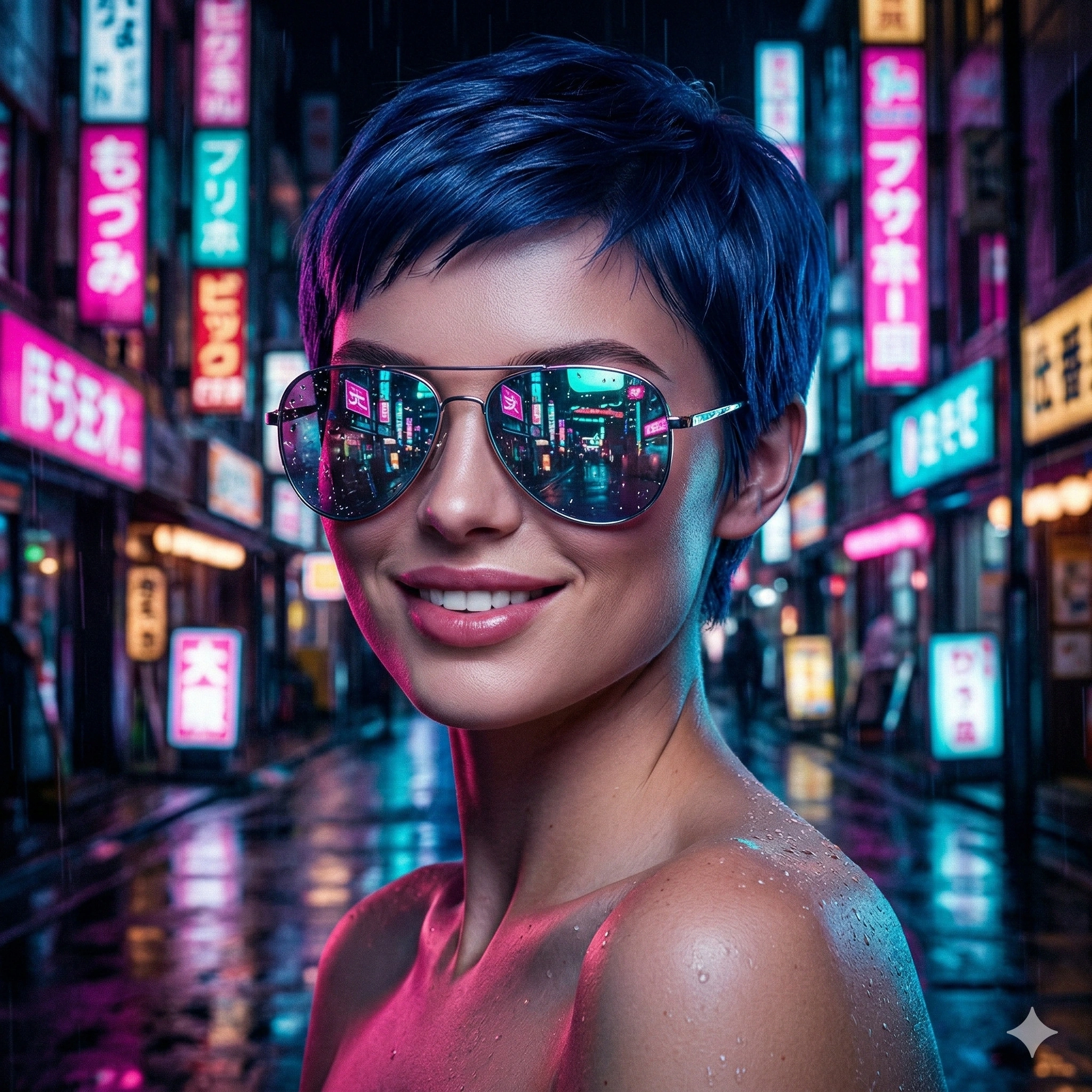 Neon Cyberpunk Portrait Cinematic 8K AI generation example for Neon Portrait - A hyper-realistic cinematic portrait of a young woman with short blue hair and reflective sunglasses...