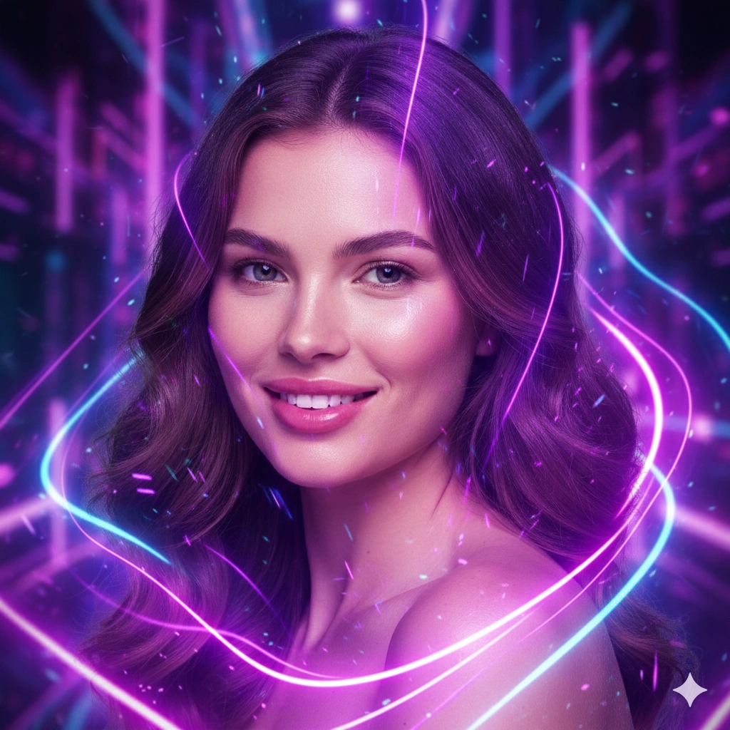 High Fashion Editorial Neon Portrait Photorealistic AI generation example for Neon Portrait - PROMPT: Create a futuristic neon-lit portrait of the young woman surrounded by vivid purple and blue...