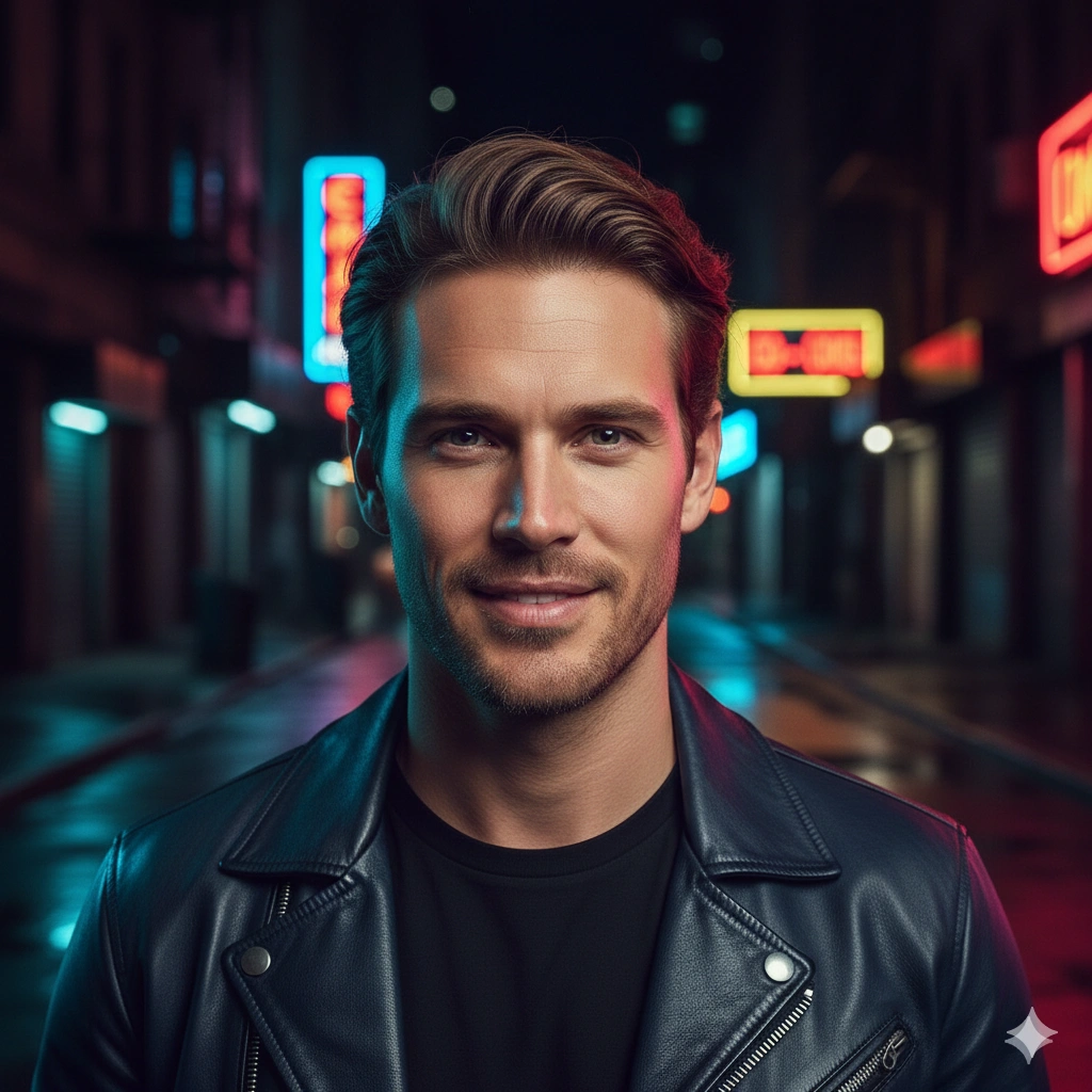 Neon urban portrait Cinematic AI generation example for Neon Portrait - PROMPT: Create a hyper-realistic cinematic portrait of the stylish young man from the reference imag...