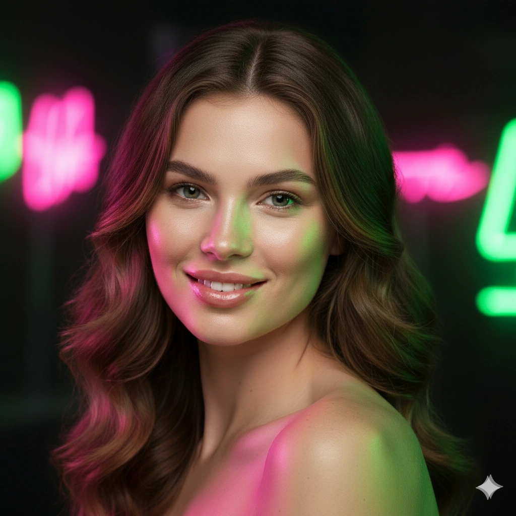 Neon Night Cinematic Female Neon Portrait Portrait AI generation example for Neon Portrait - PROMPT: Generate a colorful neon portrait of the young woman bathed in pink and green neon light, wi...