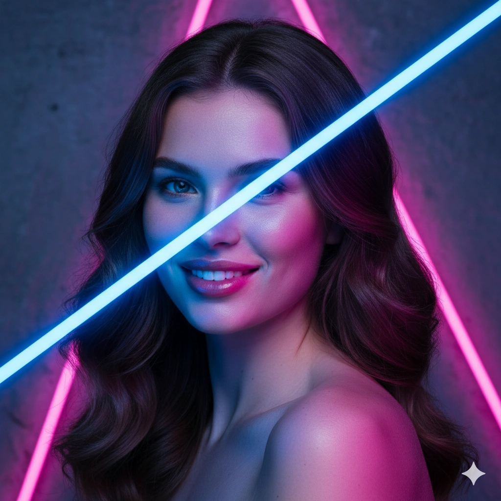 High Fashion Editorial Female Neon Portrait Photorealistic AI generation example for Neon Portrait - PROMPT: Generate an electric neon portrait of the young woman with electric blue and hot pink lighti...