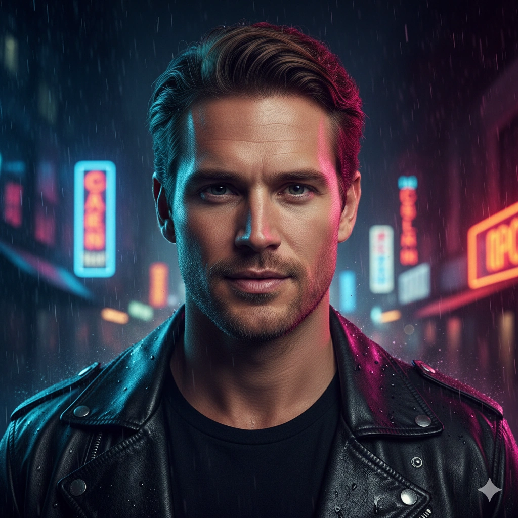Neon Night Cinematic Portrait AI generation example for Neon Portrait - PROMPT: Generate a cinematic neon portrait in a dark urban night environment illuminated by vibrant ...