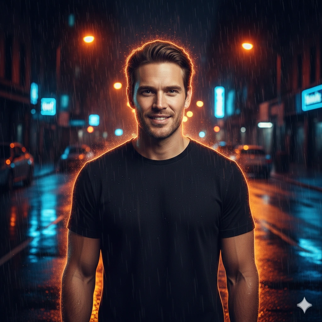 Neon Night Cinematic Portrait 8K AI generation example for Neon Portrait - PROMPT: Dramatic ultra-high-contrast portrait of the subject standing on a rain-slicked street at ni...