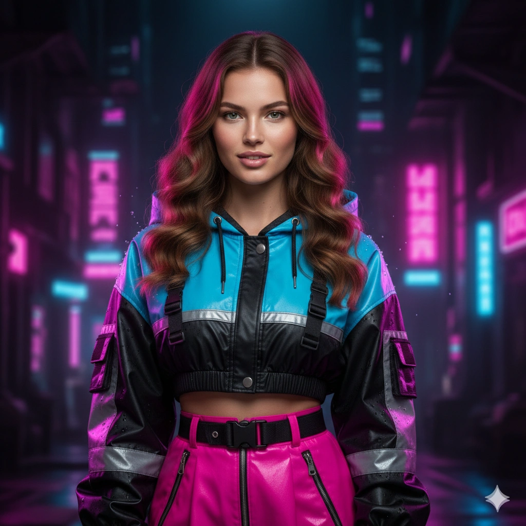 Neon fashion portrait AI generation example for Neon Portrait - PROMPT: Create a stylish neon fashion portrait of the young man in trendy streetwear, with bold neon...