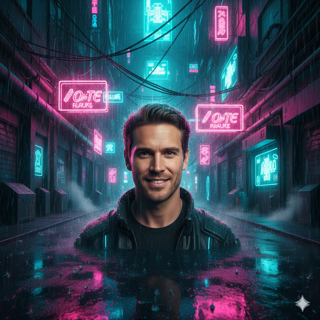 Neon Night Cinematic Female Portrait AI generation example for Neon Portrait - PROMPT: Create a gritty cyberpunk neon portrait of the young man in the reference image. He stands u...
