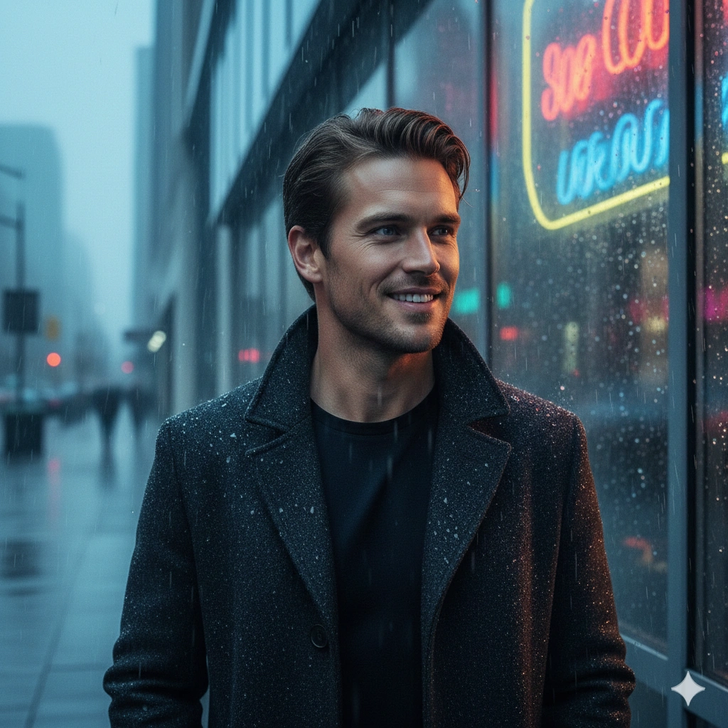 Stormy mood portrait Rain Cinematic Photorealistic AI generation example for Rain Portrait - PROMPT: Create a moody portrait of the young man (reference) walking in light drizzle beside a glass...