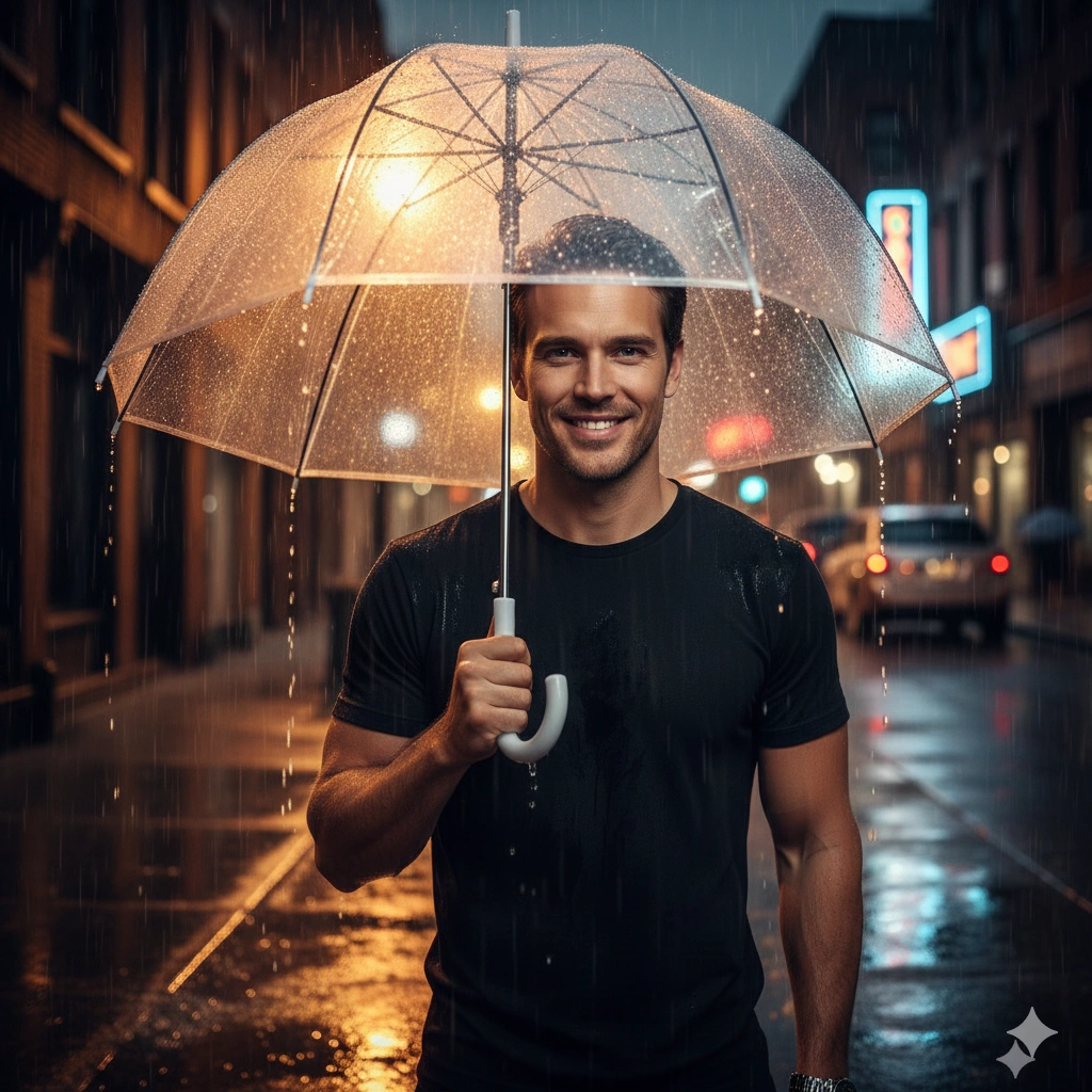 Urban rainy portrait Rain AI generation example for Rain Portrait - PROMPT: Produce a dramatic rainy street portrait of the subject (reference) holding a clear umbrella...