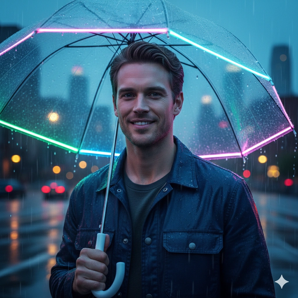 Neon Night Cinematic Female Rain Portrait AI generation example for Rain Portrait - PROMPT: Generate a cinematic portrait of the young man from the reference image standing under light...