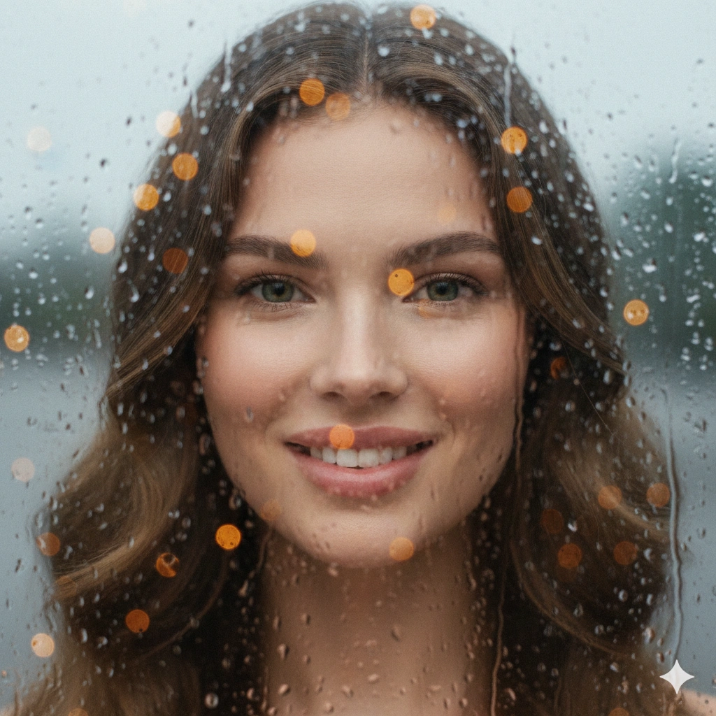 Glass Cinematic Female Reflection Portrait AI generation example for Reflection Portrait - PROMPT: Create a cinematic close-up portrait of the subject (reference) seen through a rainy window ...