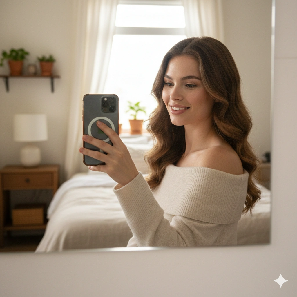 Artistic Reflection Female Portrait Photorealistic AI generation example for Reflection Portrait - PROMPT: Create a realistic mirror selfie portrait of the young woman holding a smartphone, looking i...