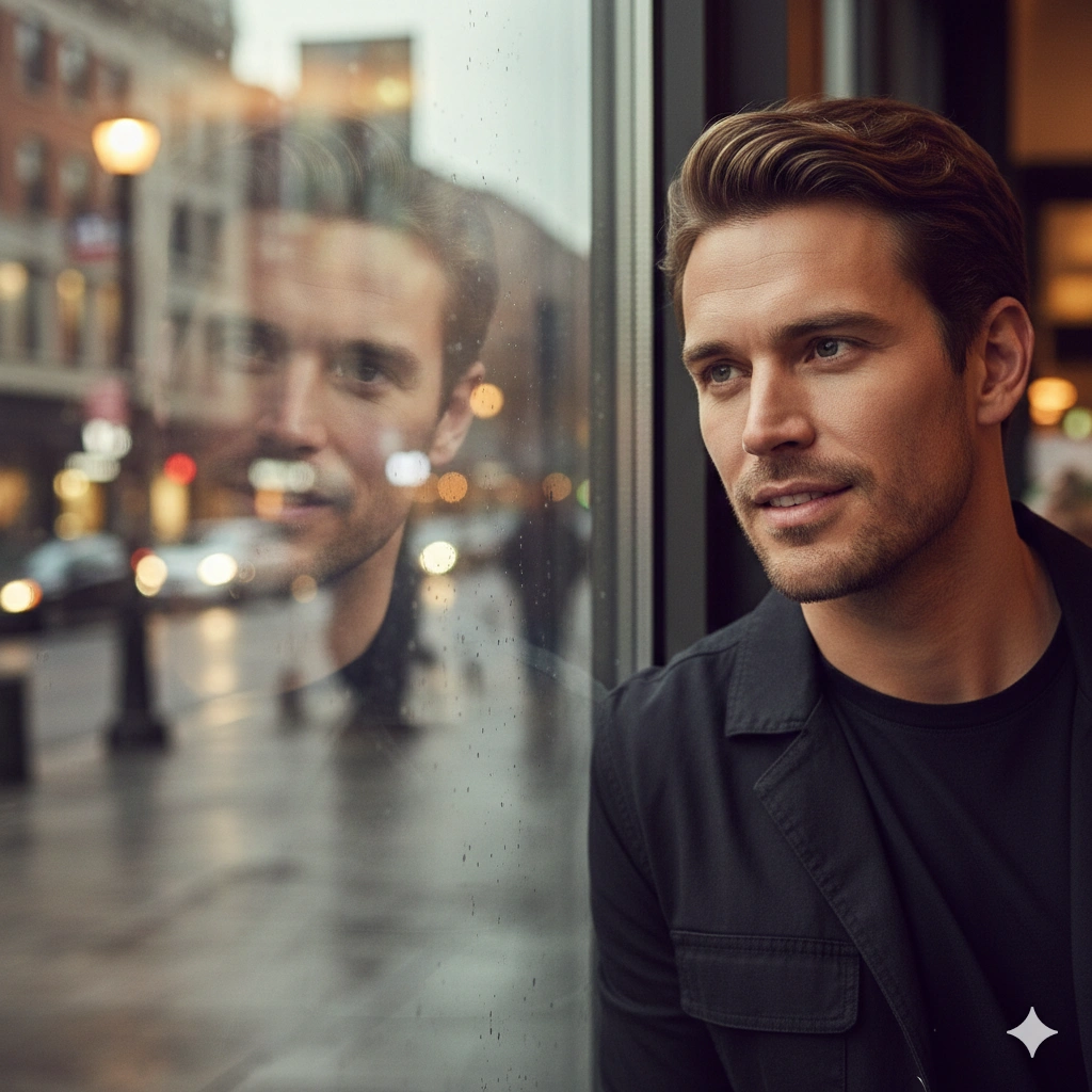 Artistic Reflection Female Portrait Reflection Portrait AI generation example for Reflection Portrait - PROMPT: Generate a reflective portrait of the young man leaning against a glass window of a café, wi...