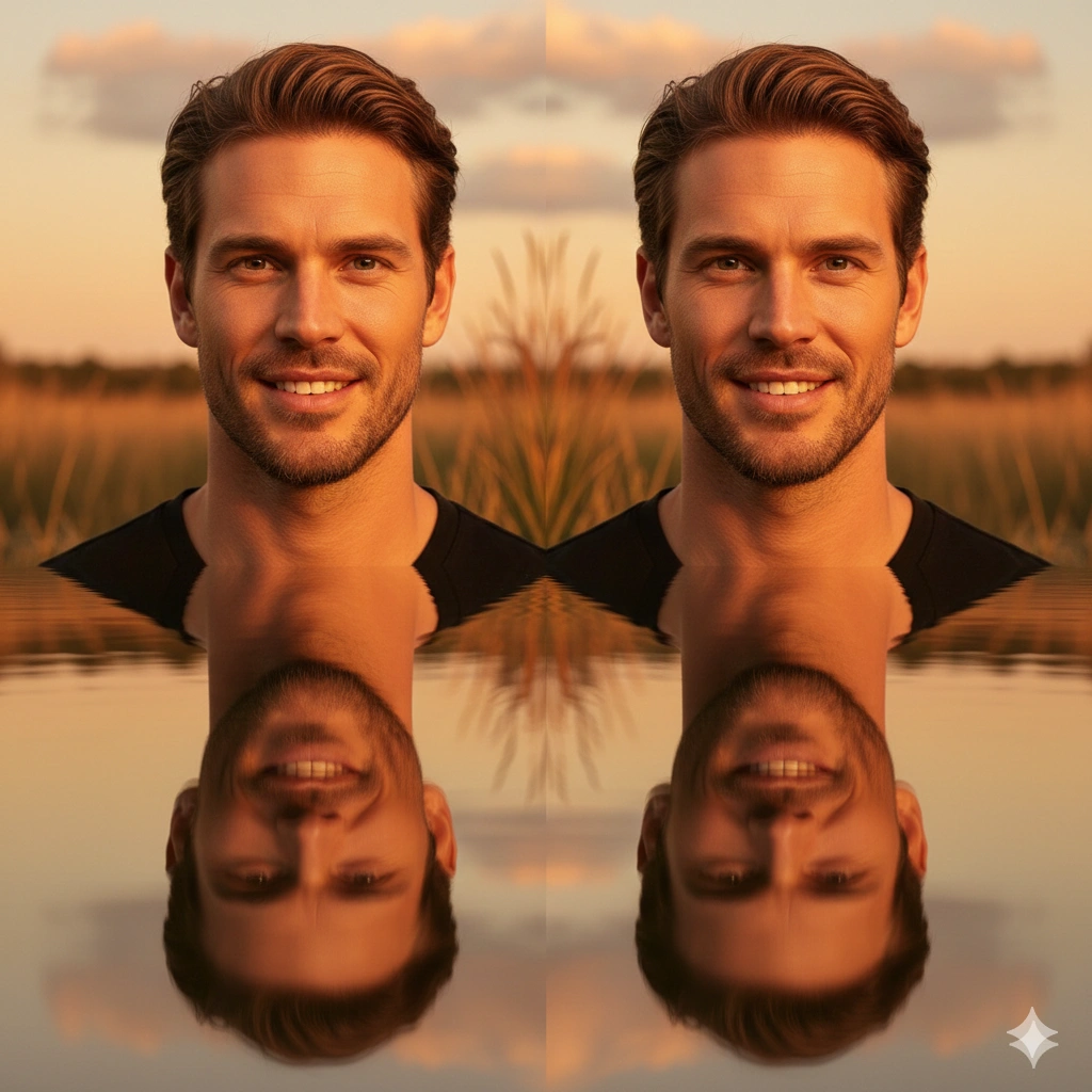 Golden hour reflection Portrait 8K AI generation example for Reflection Portrait - PROMPT: Transform the uploaded photo into an artistic reflection portrait. The subject stands near a...