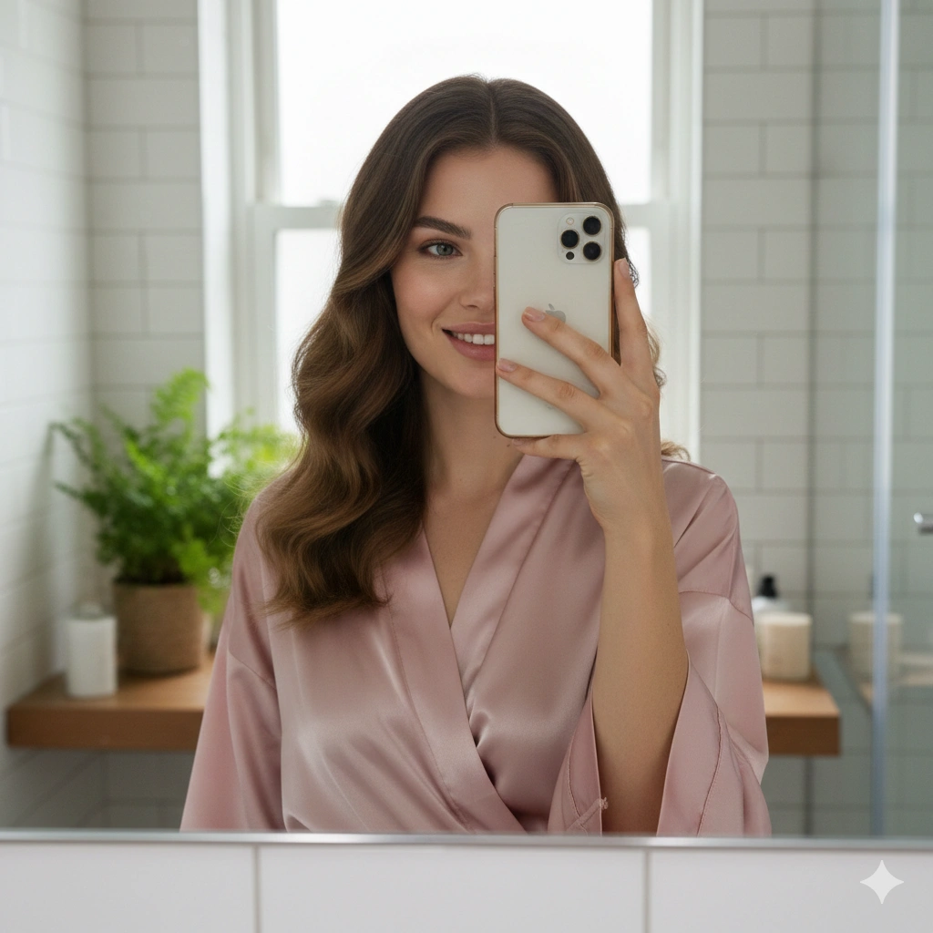 Artistic Reflection Female Portrait AI generation example for Reflection Portrait - PROMPT: Generate a highly realistic mirror selfie portrait of a girl in a bright bathroom with natur...