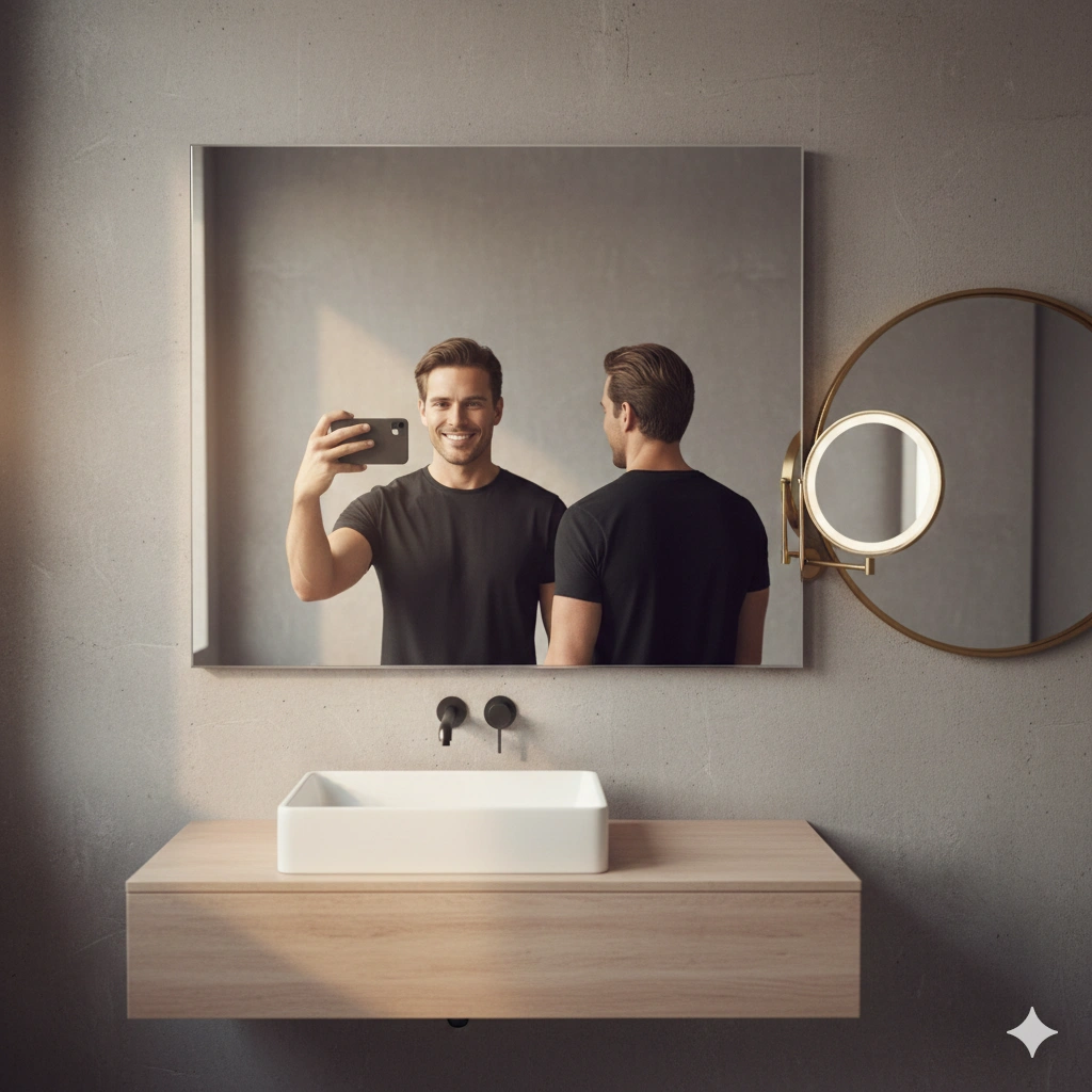 Mirror selfie portrait Reflection AI generation example for Reflection Portrait - PROMPT: Produce a creative portrait of the young man from the reference image taking a mirror selfie...