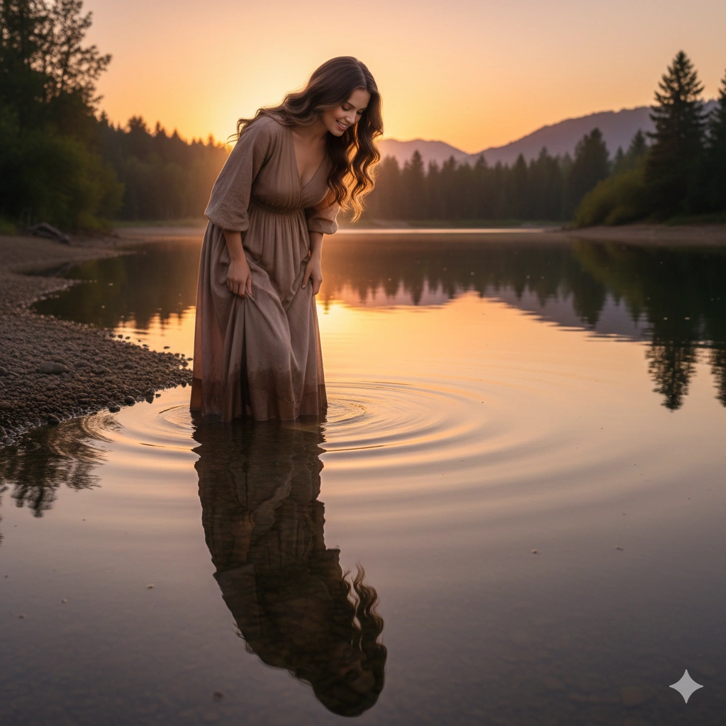 Golden Hour Cinematic Reflection Portrait 8K AI generation example for Reflection Portrait - PROMPT: Generate a reflective portrait of the subject (reference) standing by a calm lake during sun...