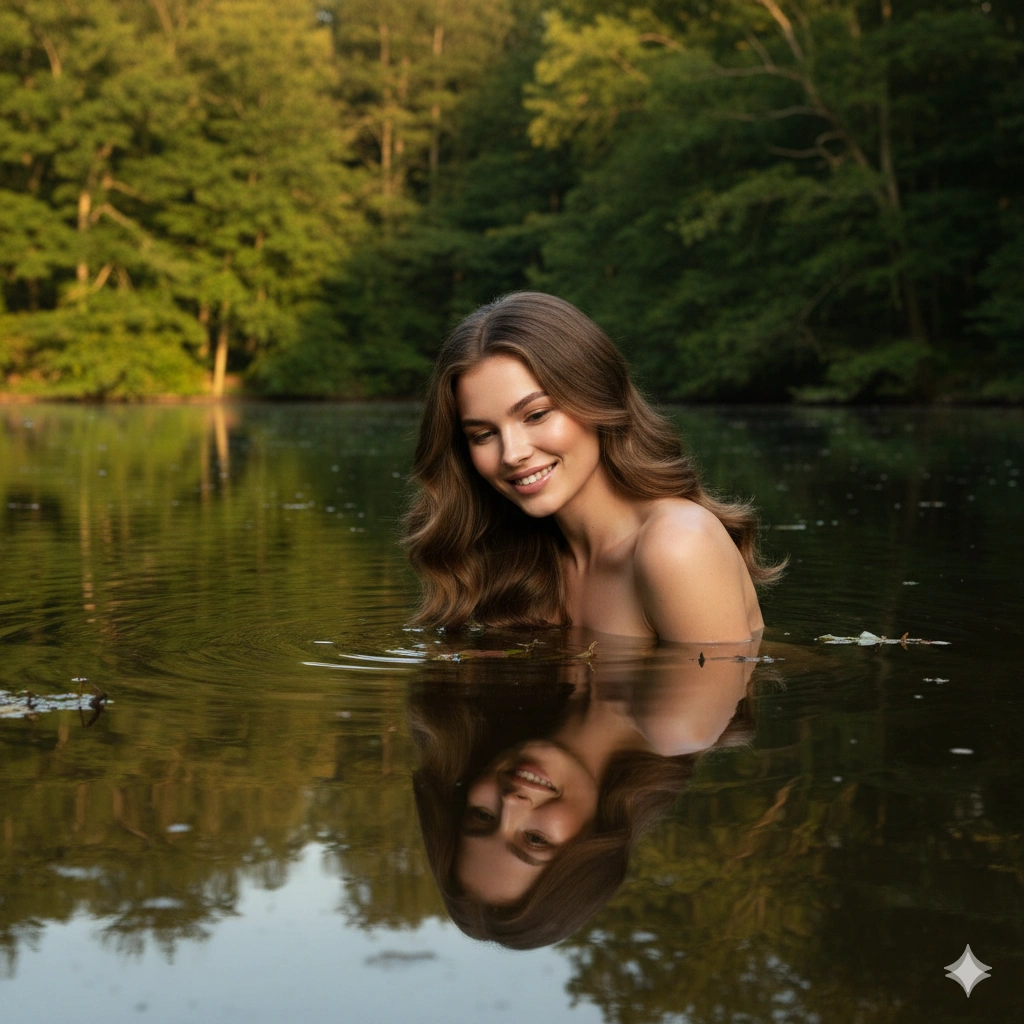 Golden Hour Cinematic Reflection Portrait Photorealistic AI generation example for Reflection Portrait - PROMPT: Create a nature reflection portrait of the young woman leaning over a calm lake edge looking...