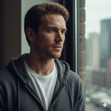 Google Gemini AI Sad Boy Window Mood Photo Editing Prompt AI generation example for Sad Boy - STRICT FACE LOCK: Use only the provided facial reference image with absolute precision do not alter ...