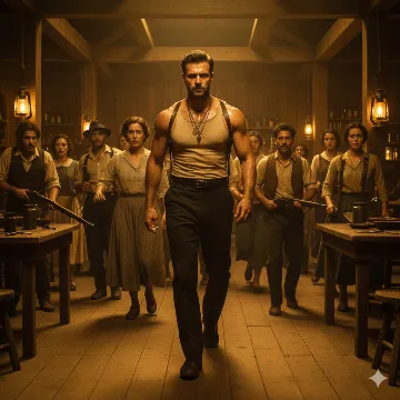 SINNERS United Walk Movie Cinematic Photorealistic AI generation example for Sinners Movie - STRICT FACE LOCK (ABSOLUTE HIGHEST PRIORITY): Use only the provided facial reference image with abso...