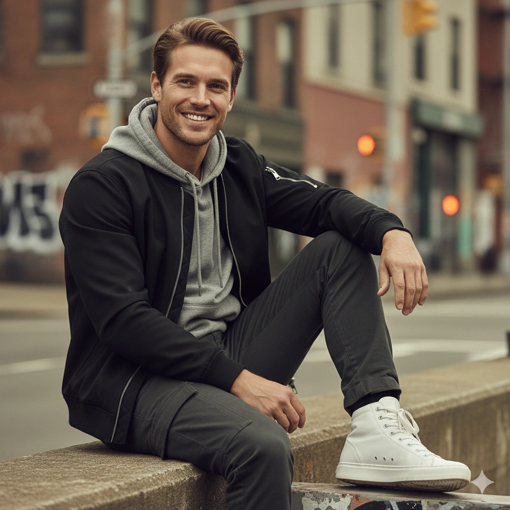 Urban streetwear portrait Boy Cinematic Photorealistic AI generation example for Streetwear Boy - PROMPT: Portrait of a stylish young man from the reference image sitting casually in an urban enviro...