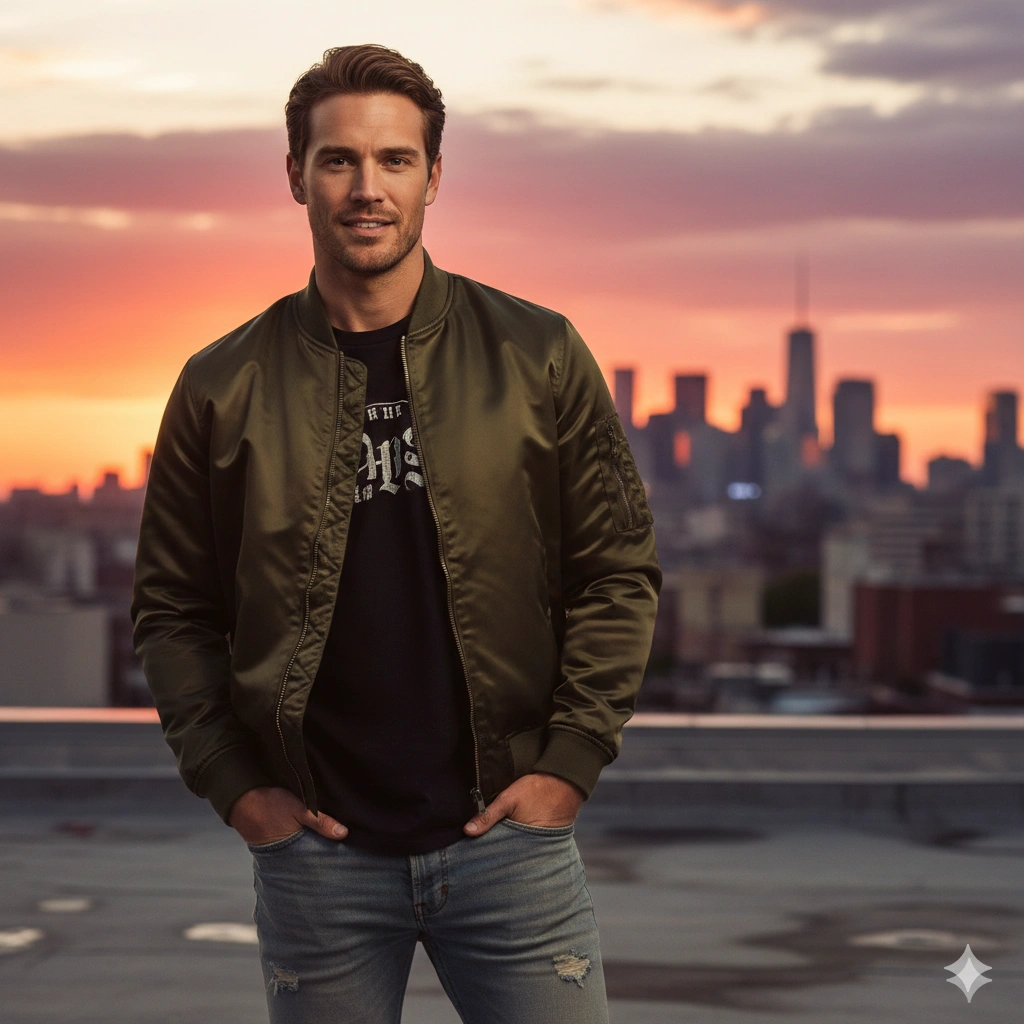 Rooftop streetwear portrait Boy AI generation example for Streetwear Boy - PROMPT: Generate a streetwear portrait of the young man on a city rooftop at sunset, wearing a bombe...