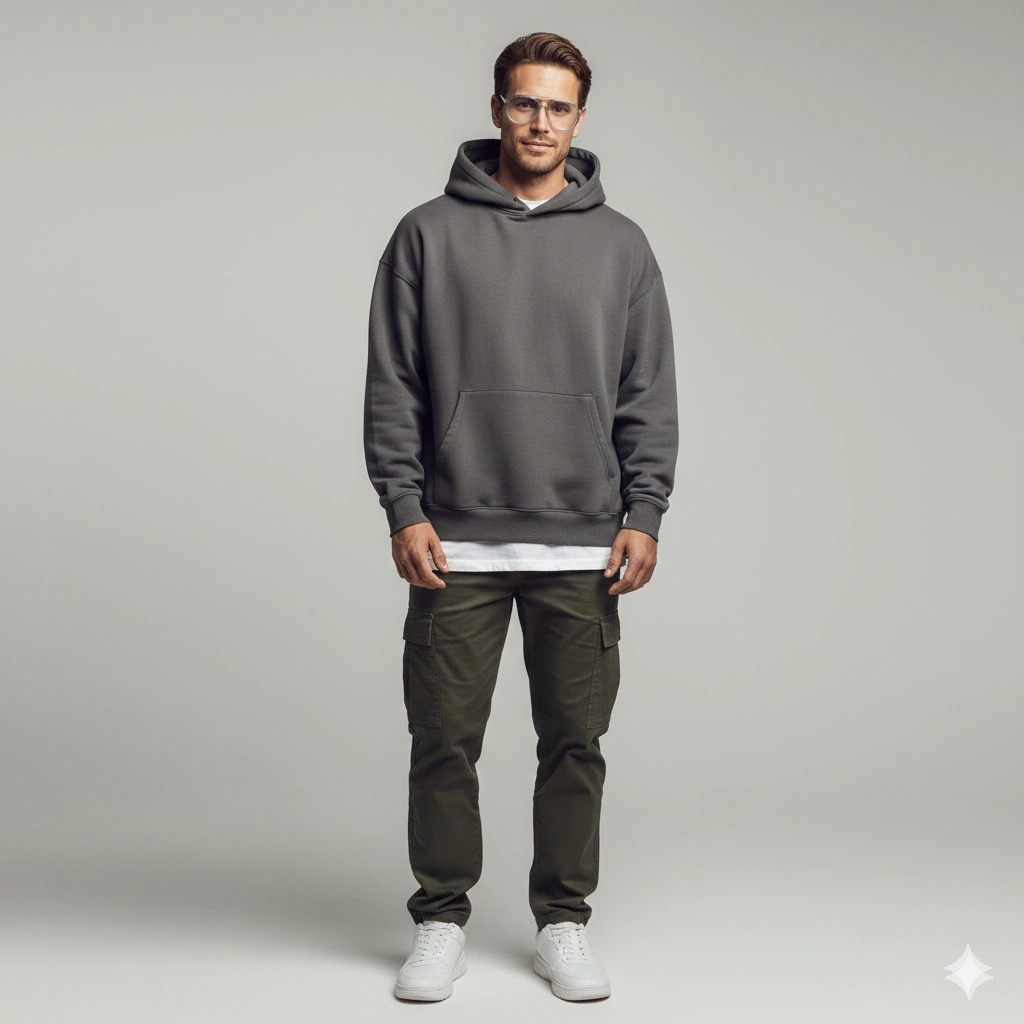 Studio streetwear portrait Boy AI generation example for Streetwear Boy - PROMPT: Create a modern studio photoshoot image of the young man from the reference in Gen-Z streetw...
