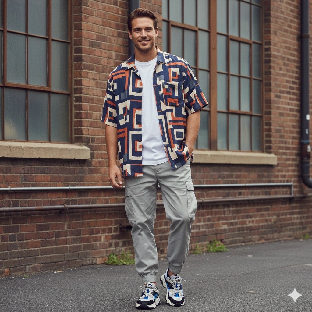 Fashionable streetwear portrait Boy AI generation example for Streetwear Boy - PROMPT: Generate a fashionable streetwear portrait of the young man posing by an industrial building...