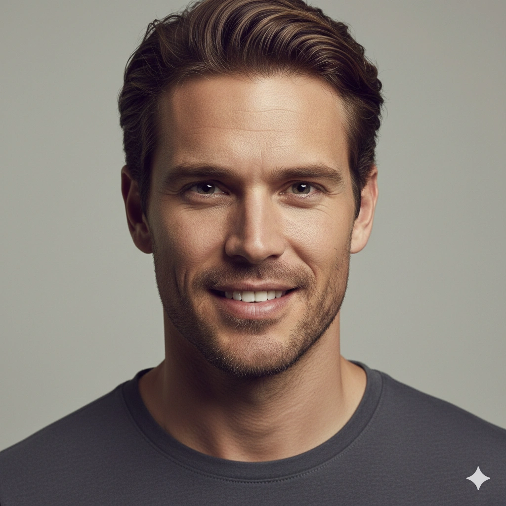 Professional Studio Female Portrait AI generation example for Studio Portrait - PROMPT: Generate a clean studio portrait of a confident young man against a neutral light grey backg...