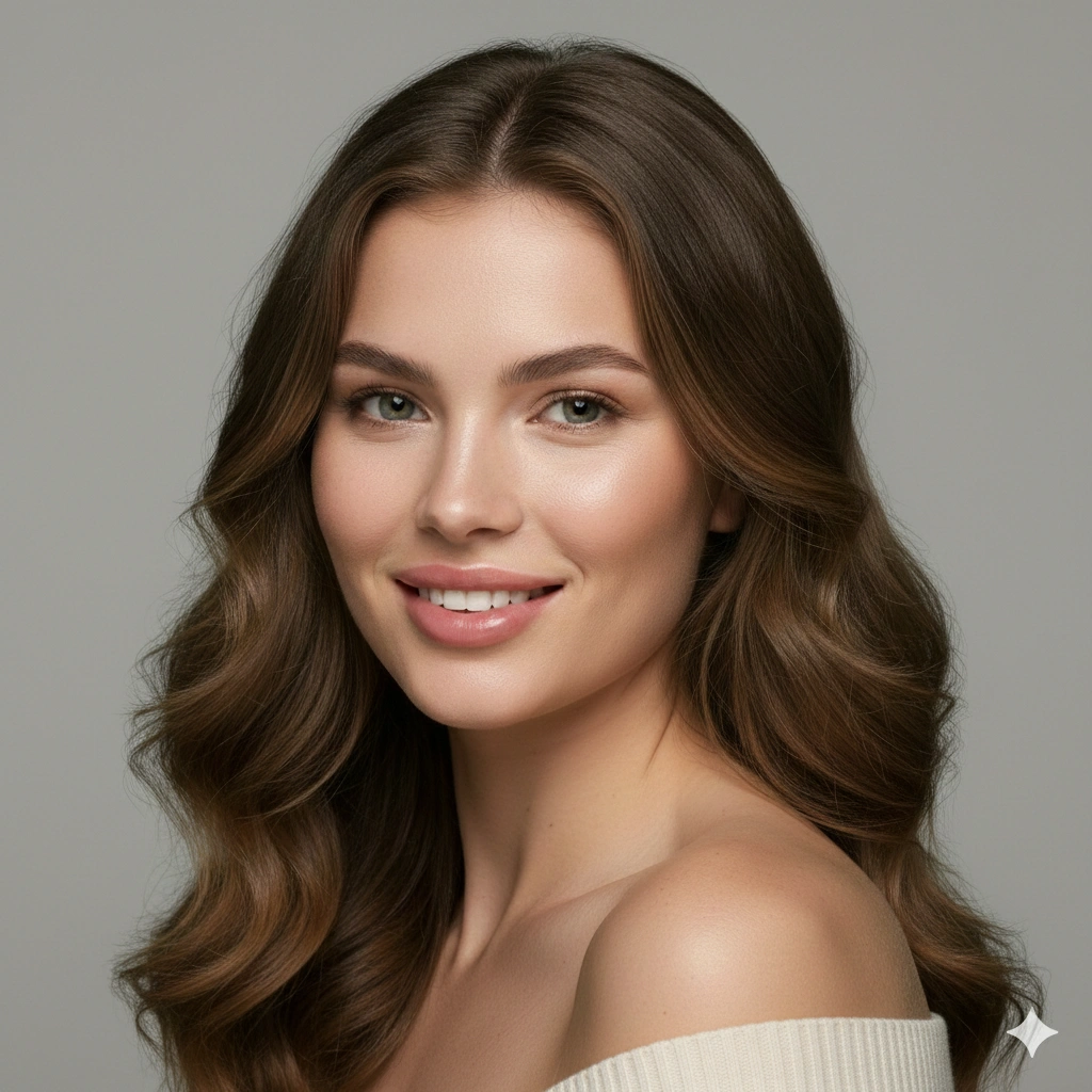 Professional Studio Female Portrait Studio Portrait AI generation example for Studio Portrait - PROMPT: Create a professional studio portrait of a confident young woman positioned against a clean ...