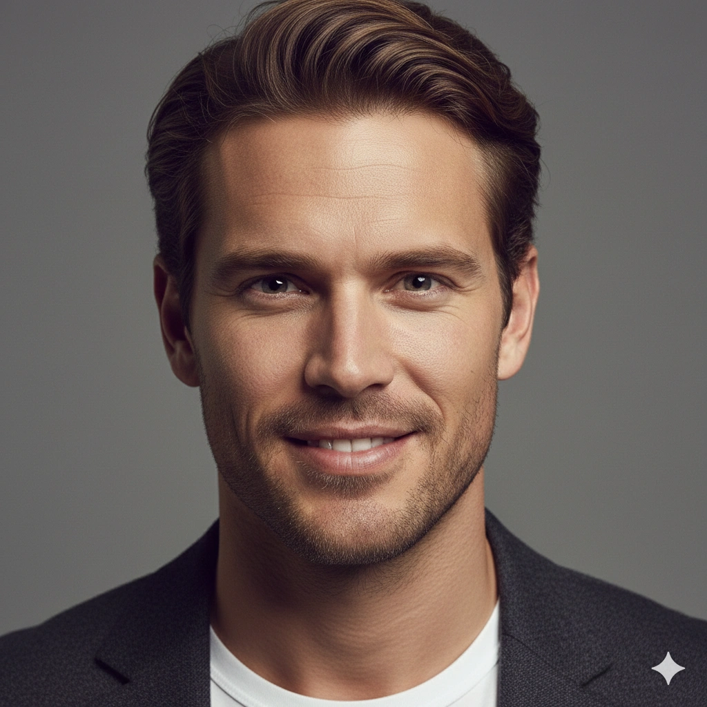 Professional Studio Female Portrait AI generation example for Studio Portrait - PROMPT: Generate a clean studio portrait of a confident young man with balanced professional lightin...