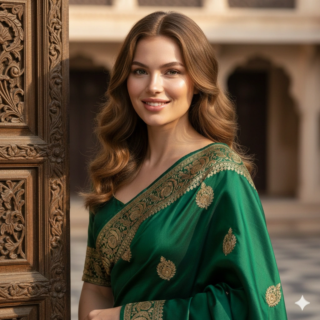 Traditional Saree Female Portrait Photorealistic AI generation example for Traditional Portrait - PROMPT: Create a photorealistic traditional portrait of the young woman wearing an elegant silk sare...